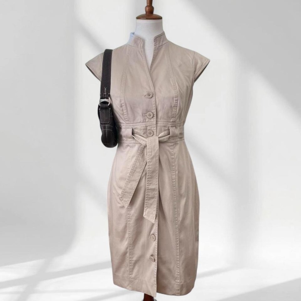 Calvin Klein Tan Khaki Button Front Cap Sleeve Belted Sheath Dress Womens